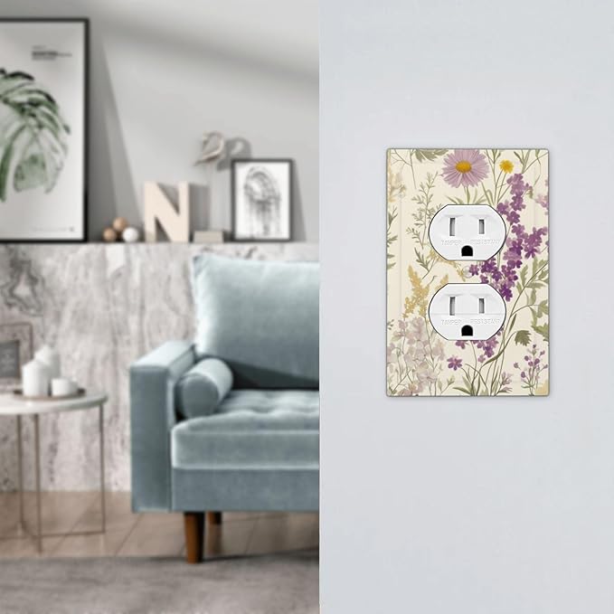 Watercolor Floral Leaves 1 Gang Electrical Duplex Outlet Covers Small Purple Flowers Daisies Light Switch Cover Receptacle Wall Plate Decorative Faceplate for Country Bedroom Living Room Decor