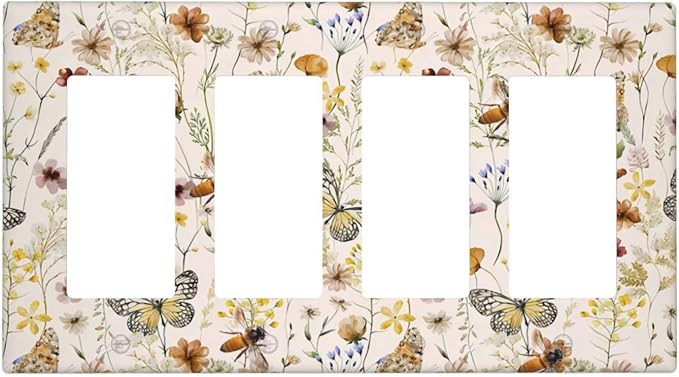 Vintage Butterflies Quad Rocker Decora Wall Plate Decorative Colorful Wildflower 4 Gang Light Switch Cover Cute Bees GFCI Electrical Outlet Switchplate Beige Flower Leaves Dimmer Decor for Bedroom