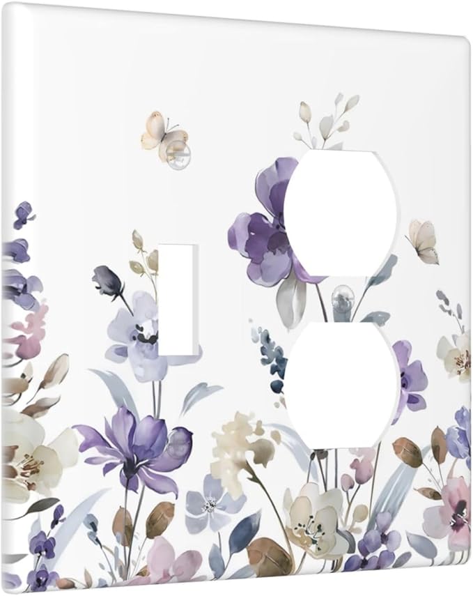 Purple Watercolor Flower Floral Butterfly Wallplates 1 Toggle 1 Duplex Switch Plate Electrical GFCI Faceplate Decorative Light Switch Covers for Bedroom Living Room Decor