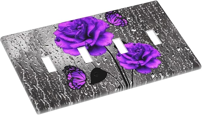Romantic Purple Butterfly Rose Flower Decorative 4 Gang Quad Toggle Light Switch Cover Electric Large Size Quadruple Faceplate Decorative Switch Face Wallplate