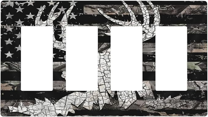 American Flag Forest Antler Deer Elk 4 Gang Quad Rocker Light Switch Cover Plate Decorative Electric Faceplate Switchplate Living Room Bedroom Decorate Jumbo Screwless