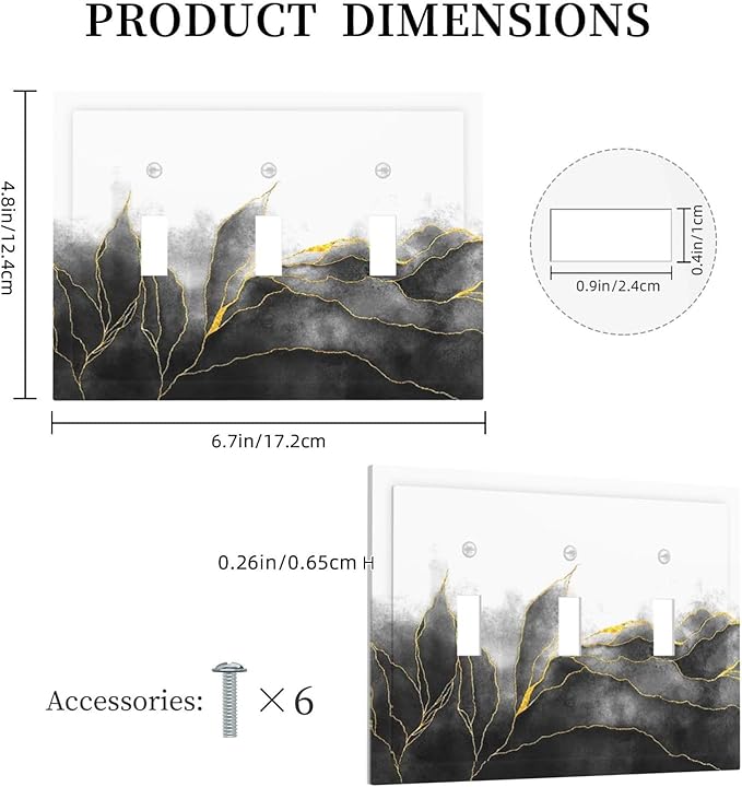 Decorative Switch Plates Black And Gold Marble White Golden Leaves 3 Gang Wall Plate Faceplate Triple Toggle Light Switch Cover Electrical Wall Panels for Bedroom living Room Decor
