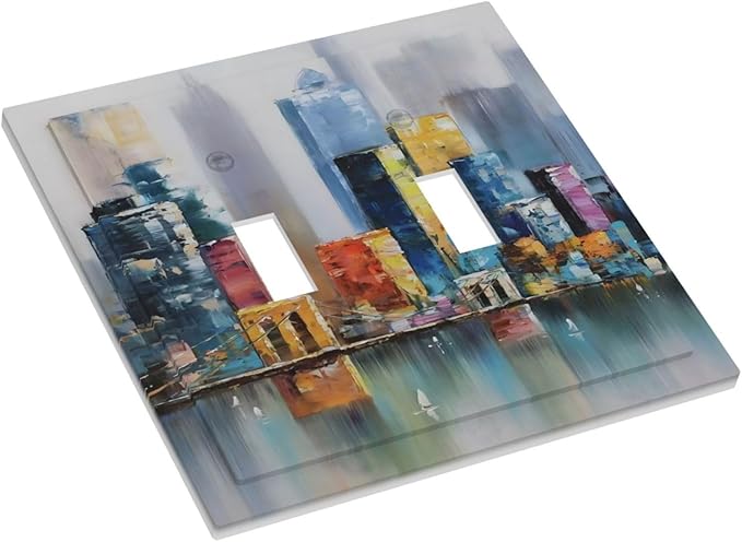 Colorful Nyc Skyline Textured Modern Abstract Decorative Switch Plates 2 Gang Double Toggle Outlet Light Switch Cover Wall Plate Electrical Faceplate for Bedroom Living Room Decor
