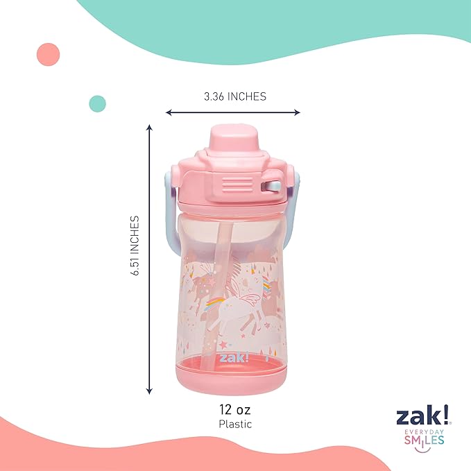 Zak Designs Beacon Kid Water Bottle for Travel or At Home, 12oz Plastic is Durable and Leak-Proof with Liquid Lock Spout, Cover, Carry Handle, Protective Base (Unicorn)