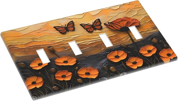 Oil Painting Flower Sunset Butterfly Vintage Rustic Floral Light Switch Covers Quad Toggle Electrical Faceplate 4 Gang Wall Plate Decorative Switch Plates Cover for Bedroom Living Room Decor