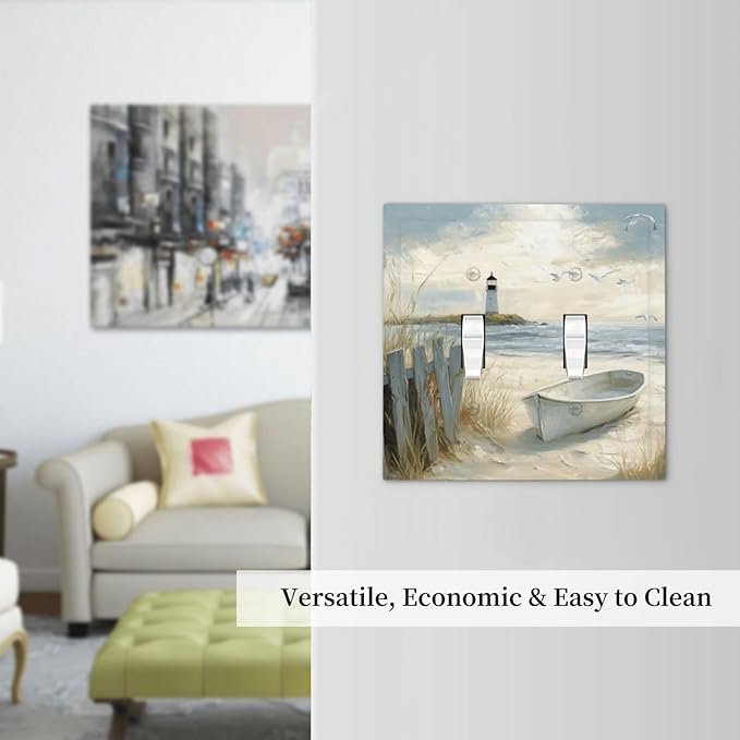 Sea Beach 2 Gang Light Switch Cover Old Ship Reed Lighthouse Seascape Double Toggle Wall Plate Decorative Electrical Switchplate Covers for Country Bedroom Kitchen Living Room Decor
