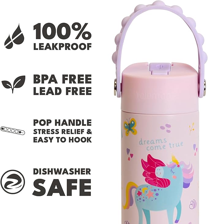 Elemental 100% Leak Proof When Spout is Closed Insulated Kids Water Bottle, Stainless Steel Bottle for School with Straw Lid & Pop-It Handle, Pink Tie Dye & Unicorn Rainbow -18oz (2 Pack)