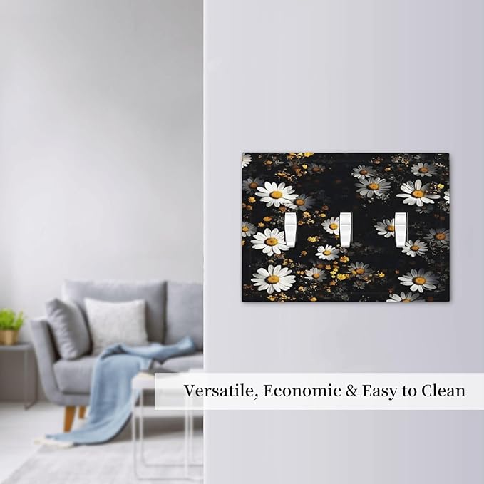 White Black Daisy Wildflower Modern Chrysanthemum Decorative Switch Plates 3 Gang Wall Plate Triple Toggle Light Switch Cover Faceplate Electrical Wall Panels for Bedroom Farmhouse Decor