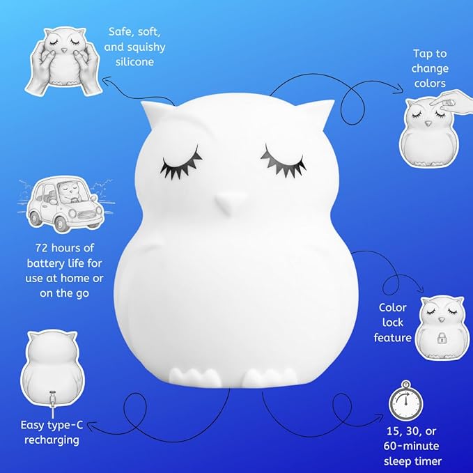 Lumipets Remote Control Silicone Night Light for Kids - Owl Design with 9 Soft Colors & Sleep Timer - Rechargeable, Battery-Operated Lamp for Bedroom | Baby Nursery, Toddler, Girls, Boys