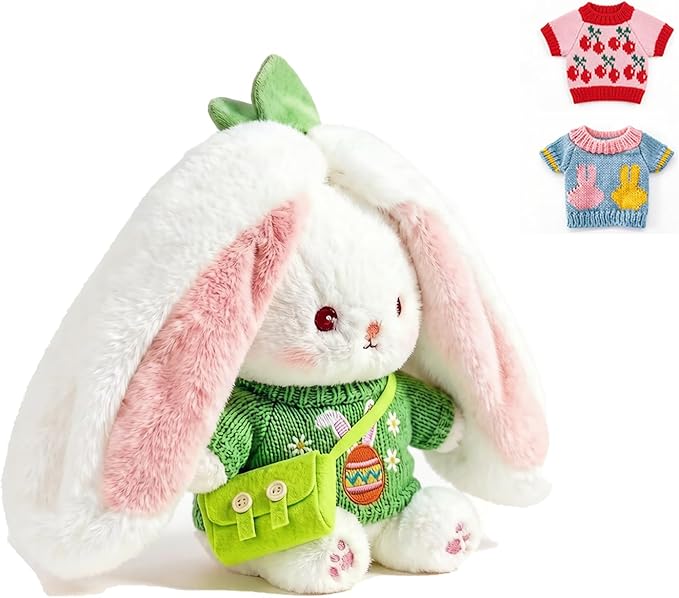 5Pcs Bunny Plush with Clothes & Accessories, Cute Bunny Stuffed Animal Reversible, Strawberry Carrot Bunny Transformed Rabbit Plush Zipper Soft Doll Easter Birthday Party Gift (5PCS Set Carrot)