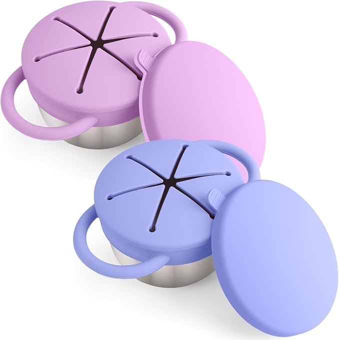 Mity rain Stainless Steel Snack Containers for Toddlers with Spill-Proof Silicone Lids Handles - 3-in-1 Baby Snack Cups, No-Spill Toddler Snack Box (Blue+Purple, Two piece set)