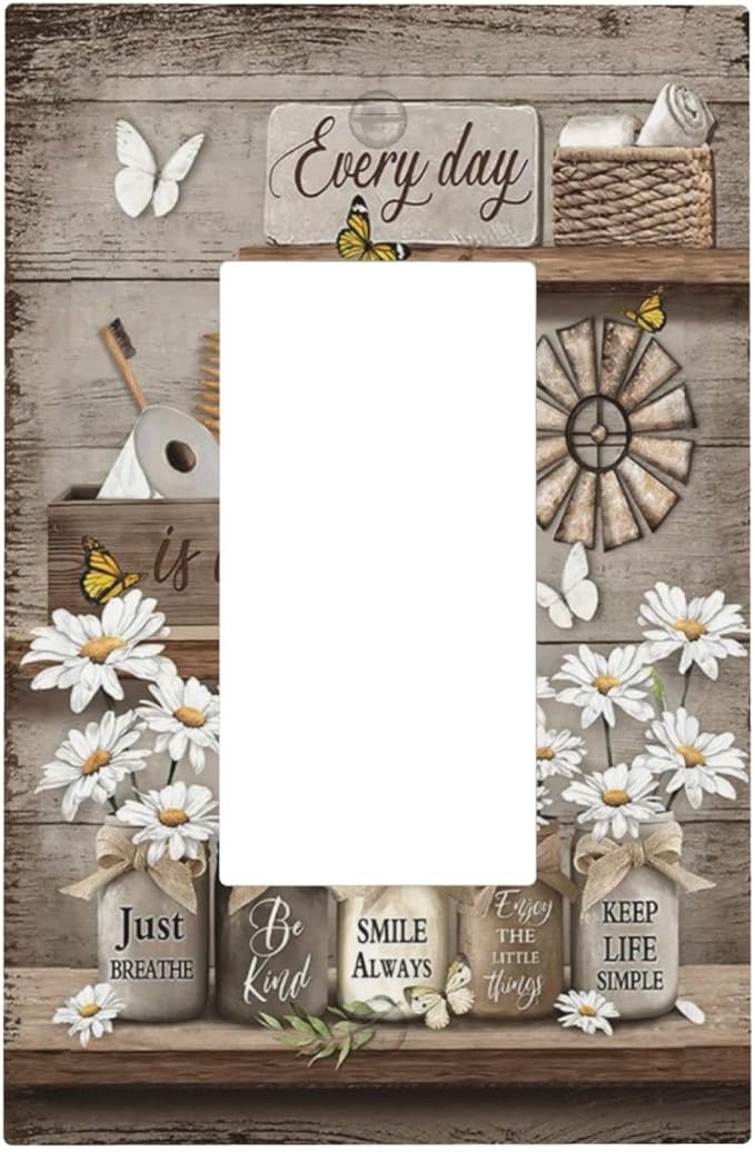 Rustic Daisy Flower Butterfly Inspirational Cottage Decorative Outlet Covers 1 Gang Single Rocker Light Switch Cover Plate Wall Plates GFCI Faceplate for Farmhouse Bedroom Decor
