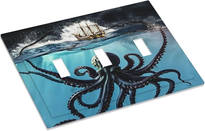 Light Switch Cover Plate Black Ocean Nautical Octopus Ship Funny Kraken 3 Gang Switch Plate Covers Triple Toggle Decorative Wall Plates Electrical Faceplate for Bathroom Home Decor