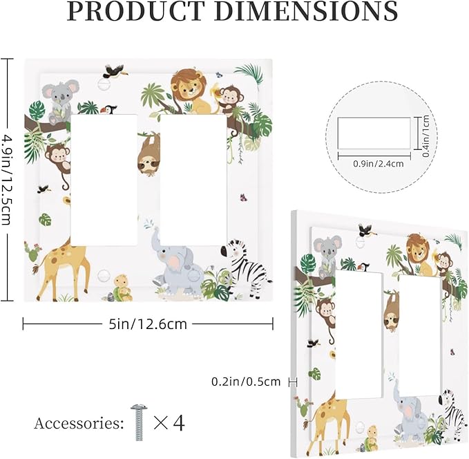 Jungle Animals Tree Branch Monkey Giraffe Lion Elephant Decorative Outlet Covers 2 Gang Double GFCI Rocker Electrical Wall Panels Light Switch Cover Plate for Kids Room Nursery Decor