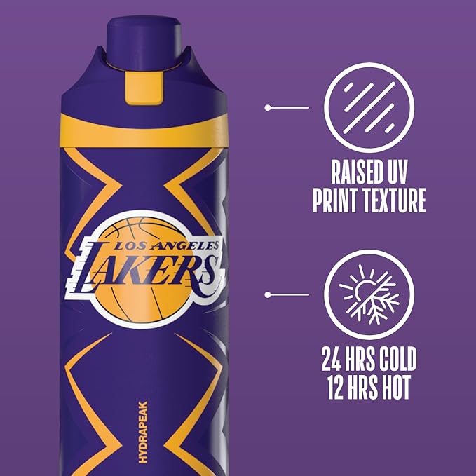 Hydrapeak x NBA Officially Licensed Los Angeles Lakers Oasis 20 oz Insulated Kids Water Bottle, Stainless Steel Water Bottle Kids with Chug Lid, Push Button