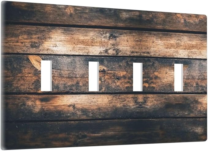 Light Switch Covers Brown Vintage Wooden Board Rustic Wood Quad Toggle Electrical Faceplate 4 Gang Wall Plate Decorative Switch Plates For Farmhouse Cabin Decor