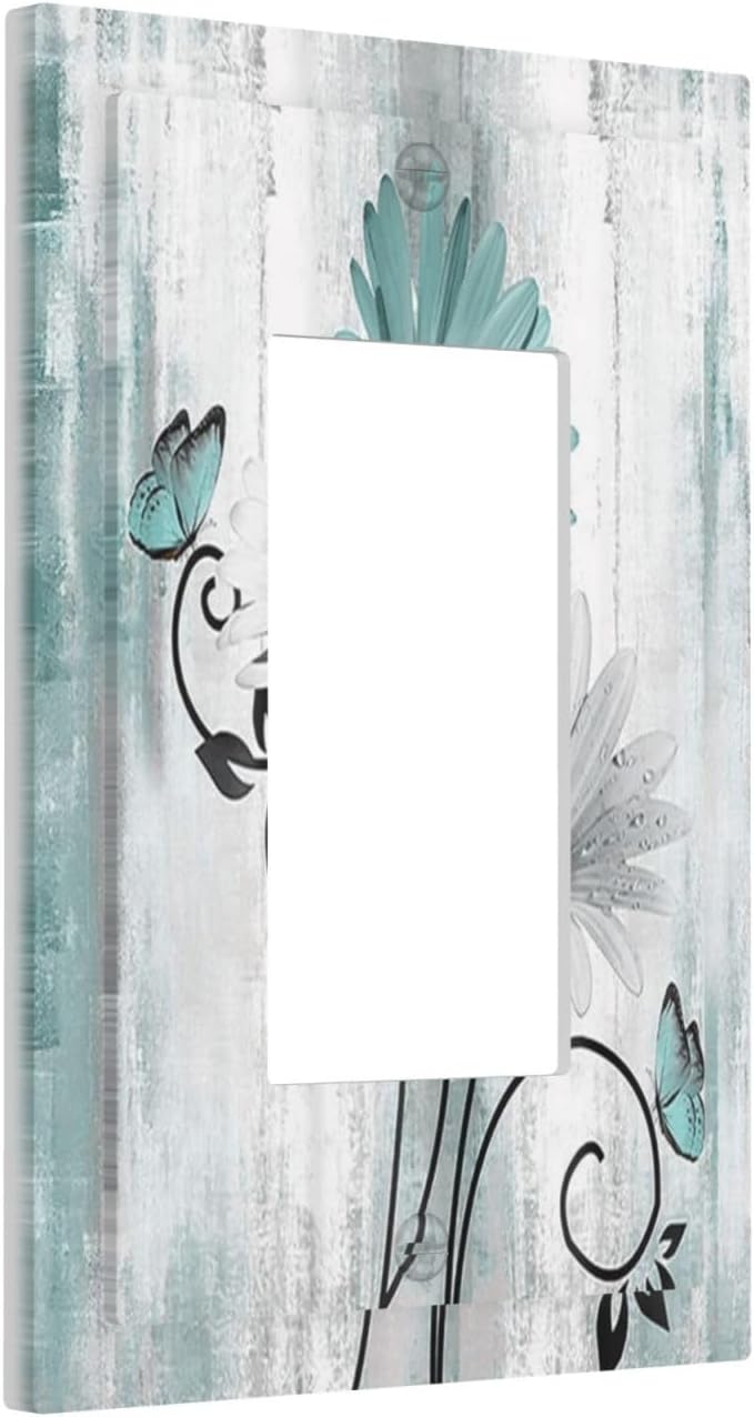 Teal Daisy Vintage Flower Butterfly Rustic Wood Print Decorative Outlet Covers 1 Gang Single Rocker Light Switch Cover Plate Wall Plates GFCI Faceplate for Farmhouse Home Decor