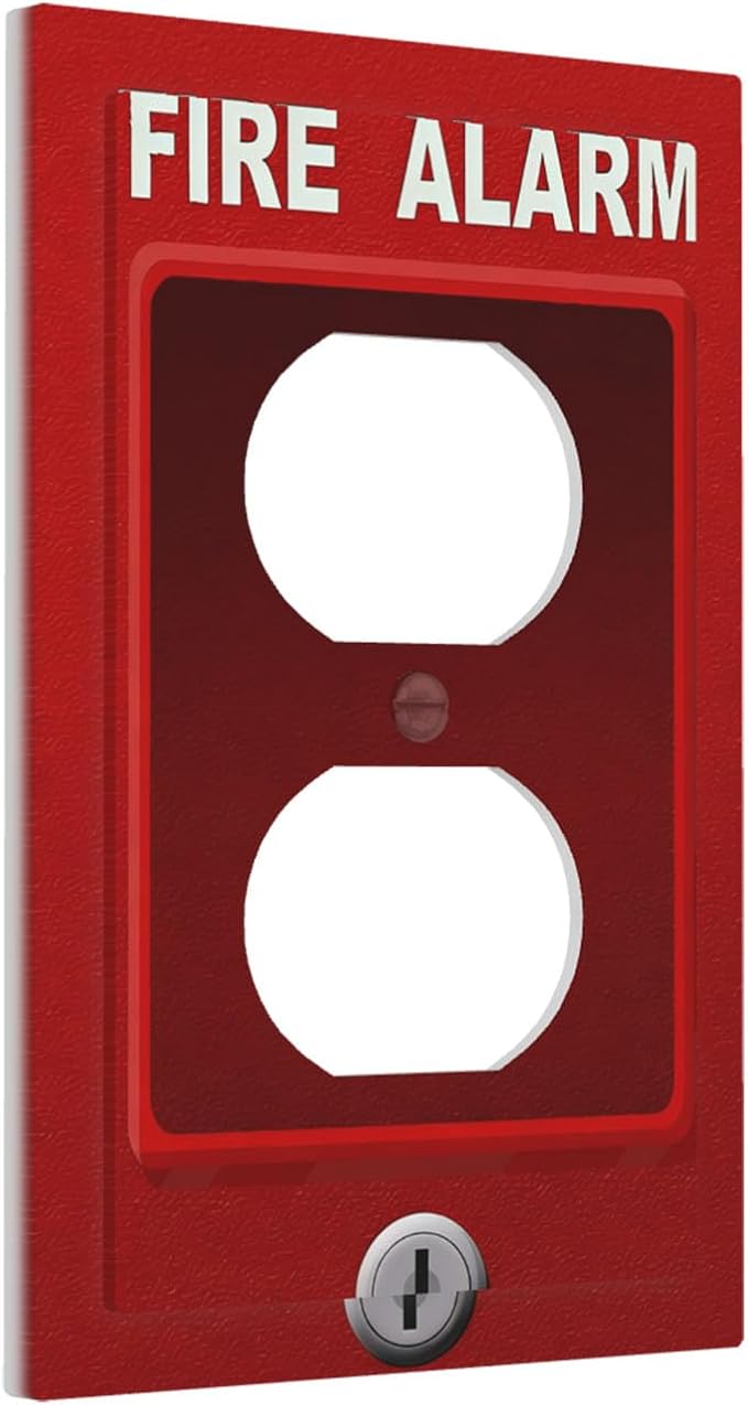 Novelty Fire Alarm Prank Duplex Wall Plate - 1-Gang Standard US Size Fire Station Themed Outlet Covers for Game Room Decor