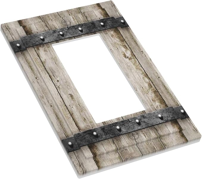 1 Gang Single GFCI/Decorator Rocker Outlet Light Switch Wall Plate Cover Vintage Rustic Western Metal Country Farmhouse Barn Cabin Garage Wood Door Decorative One Device Electrical Faceplate Dimmer
