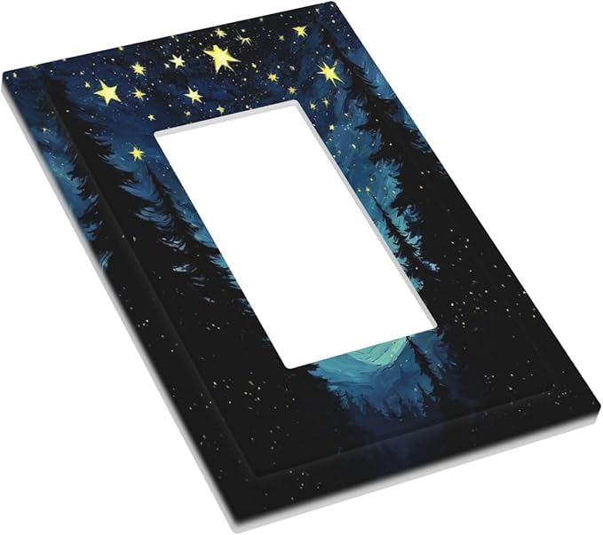 Decorative Outlet Covers Blue Starry Sky Forest Painted Star Pine Tree Oil Painting 1 Gang Single Rocker Light Switch Cover Plate Wall Plates GFCI Faceplate for Bedroom Cabin Decor