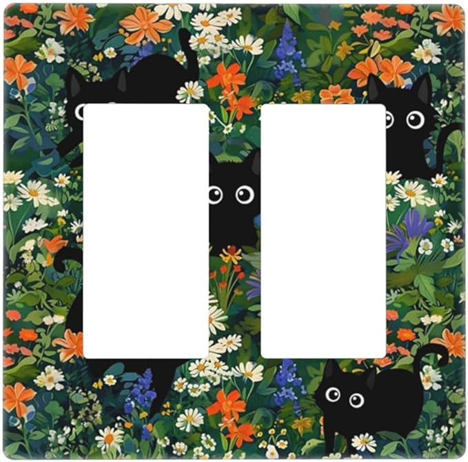 Funny Boho Cute Black Pets Cats Paw 2 Gang Double Decorator GFCI/Rocker Wall Plate Cool Lovely Kawaii Garden Kitties Cartoon Electrical Outlet Decorative Receptacle Cover Light Switch for Dimmer, USB