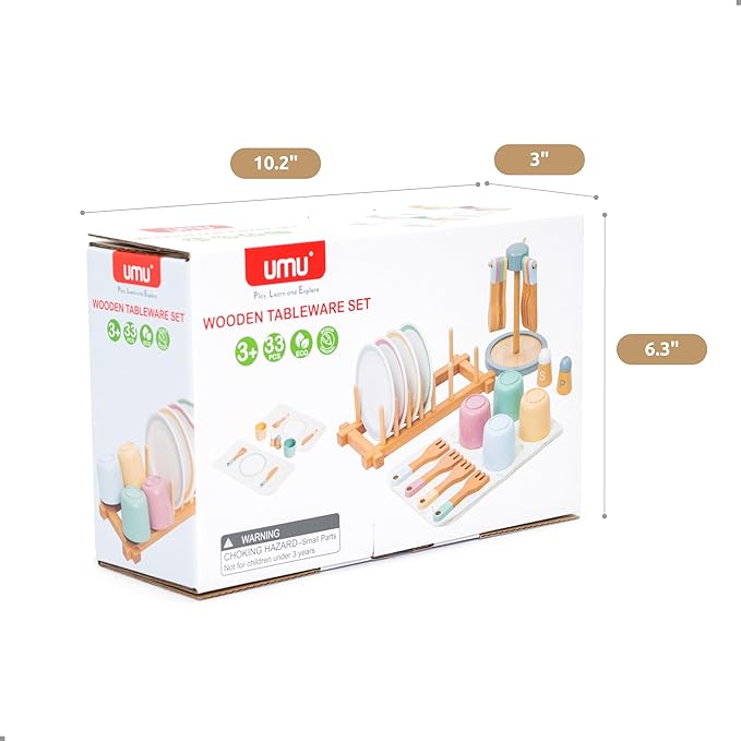 UMU® Large Wooden Dish Set – 28-Piece Tableware for Kids' Play Kitchen with Plates, Cups, Cutlery & Drying Rack – Pretend Play Kitchen Accessories for Children Ages 3 4 5 6