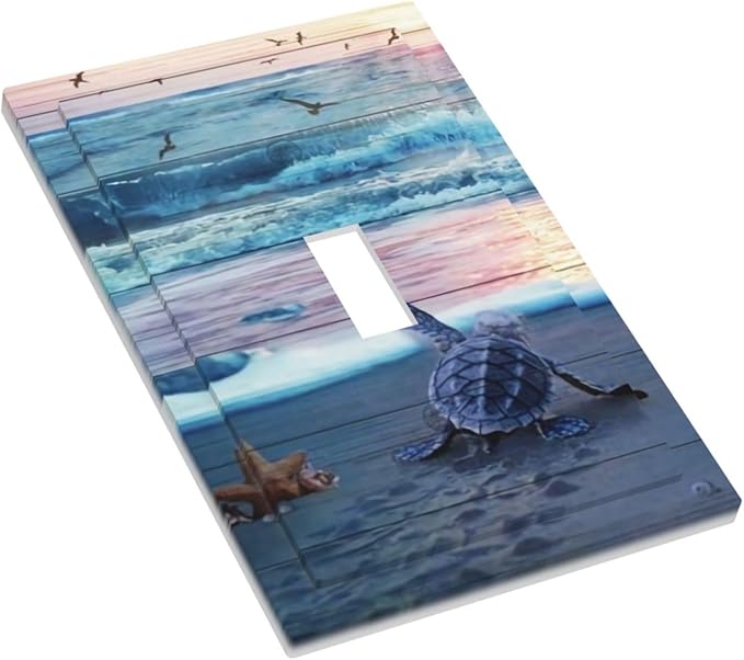 Funny Beach Teal/Blue Turtles Decorative 1-Gang Outlet Light Switch Plate Single Toggle Face Wall Plate Seashell Starfish Wave Sea Ocean Coastal Animal Marine Electrical Receptacle Cover Midway Size