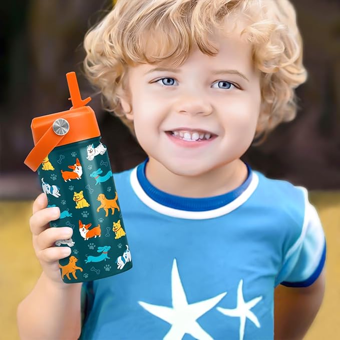 SANDJEST Puppy Water Bottle - Kids Water Bottle with Straw Lid - 12 Oz Insulated Stainless Steel Water Bottles for Kid Boys Girls - Travel Cup for School Sports