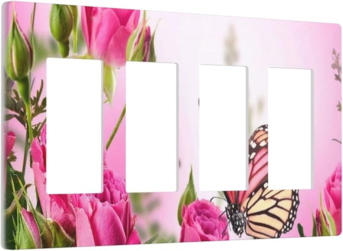 Floral Butterfly Pink Rose 4 Gang Quad Rocker/Decor Light Switch or Receptacle Outlet Wall Plate Cover Plate Decorative Electrical Faceplate for Bathroom Room Decorate Jumbo Standard Size 8.3" x 4.6