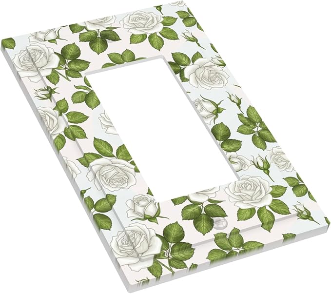 Elegant White Roses & Green Leaves Floral Single Rocker Switch Cover - 1-Gang Standard US Size Timeless Rose Garden Light Switch Covers for Bathroom Bedroom Vanity Decor