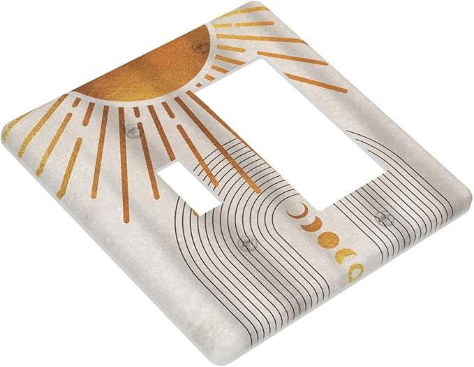 Mid Century Gold Sun Abstract Arch Boho Moon 2 Gang Single Toggle Rocker Combination Light Switch Cover Unique Decorative Wall Plate Cover Electrical Faceplate Switchplate for Bedroom Decor
