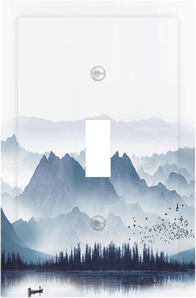 Decorative Light Switch Cover Mountain Foggy Lake Boat Grey Blue Forest Birds 1 Gang Single Toggle Decorator Outlet Wall Plate Device Electrical Faceplate Switchplates for Bedroom