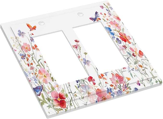 Colorful Flower Watercolor Floral Butterfly Bird Decorative Outlet Covers 2 Gang Double GFCI Rocker Electrical Wall Panels Light Switch Cover Plate for Bedroom Living Room Decor
