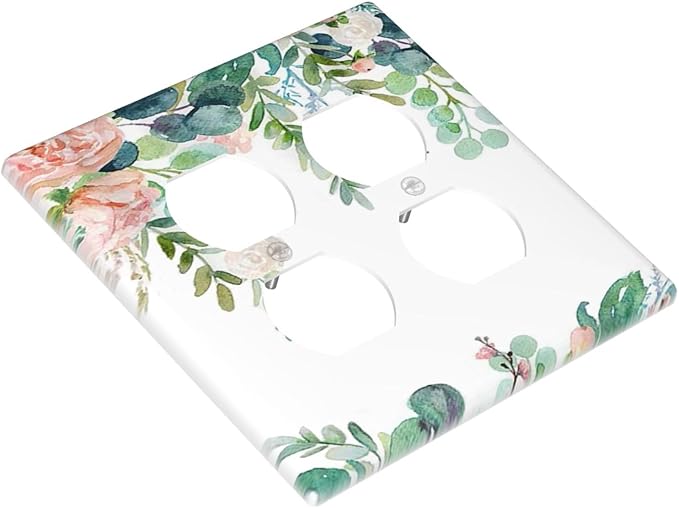Green Eucalyptus Leaves Floral Watercolor Flower Outlet Covers 2 Gang Double Duplex Decorative Light Switch Covers Electrical Wallplates Socket Faceplate for Bed Room Living Room Decor