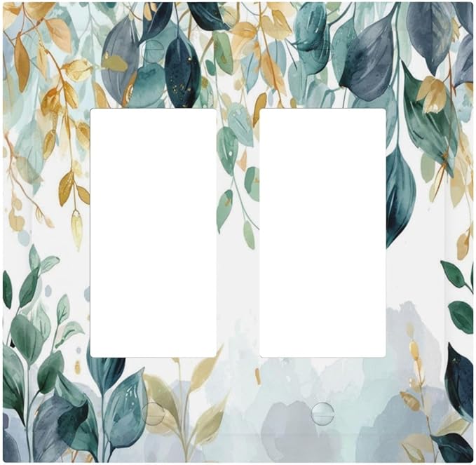 Boho Goldgreen Leaf Botanical Eucalyptus Leaves Decorative Outlet Covers 2 Gang Double GFCI Rocker Electrical Wall Panels Light Switch Cover Plate for Bedroom Living Room Decor