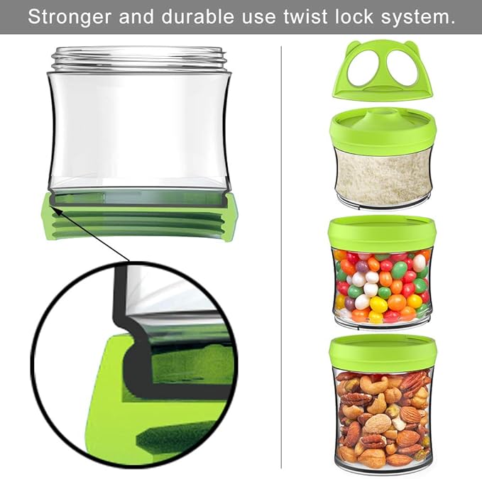 SELEWARE Portable Stackable Food Storage Containers for Snacks Formula Powder and Drinks Twist Lock System Airtight Leak-proof BPA and Phthalate Free 3 Piece Jars 28oz Green