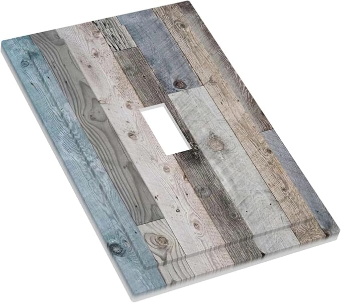 Vintage Rustic Kitchen Teal Blue Brown Wooden Wood Decorative Single Toggle One Device Decorator Outlet Light Switch Cover 1 Gang Wall Plate Old Country Barn Cabin Receptacle Face Switch Plate Cover