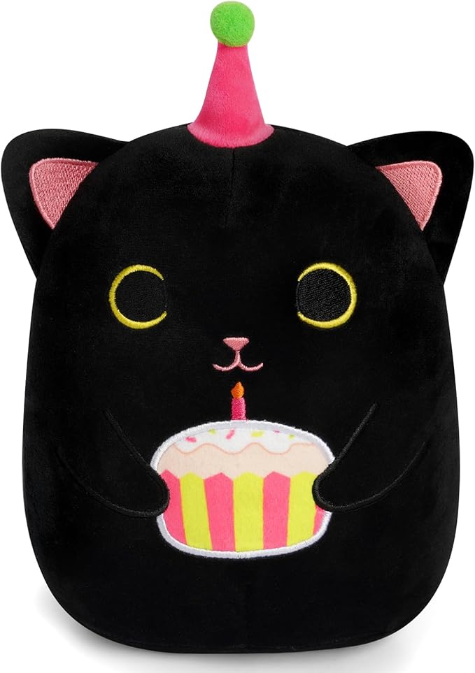 Black Cat Plush, 8 inch Happy Birthday Cat Stuffed Animal with Cake, Cute Plush Black Kitten Birthday Gift for Girls, Boys and Cats, Home Room Decoration