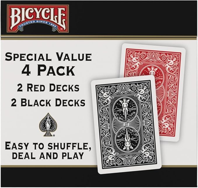 Bicycle Playing Cards 4 Pack, Standard Index Poker Size Decks in Red and Black for Poker, Blackjack, Rummy, Family Game Nights, and Classic Card Games, All Ages