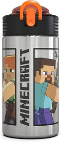 Zak Designs Minecraft - 15.5 oz Singal Wall Stainless Steel Water Bottle with One Hand Operation Action Lid and Built-in Carrying Loop, with Straw Spout is Perfect for Kids (Small)