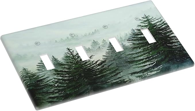 Forest Pinetrees Misty Landscape Nature Light Switch Covers Quad Toggle 4 Gang Wall Plate Decorative Switch Plates Electrical Faceplate for Bedroom Farmhouse Decor