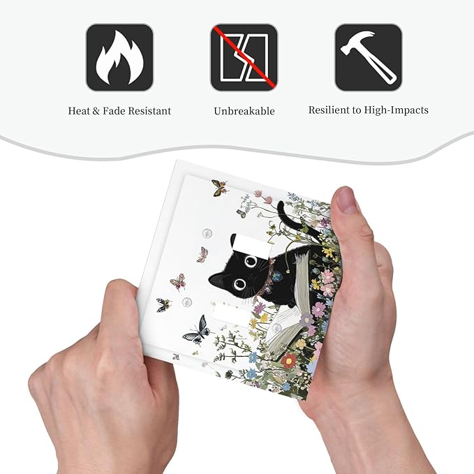 Decorative Switch Plates Cute Cat Wildflowers Boho Flowers Floral 2 Gang Double Toggle Outlet Light Switch Cover Wall Plate Electrical Faceplate For Nursery Kids Room Decor
