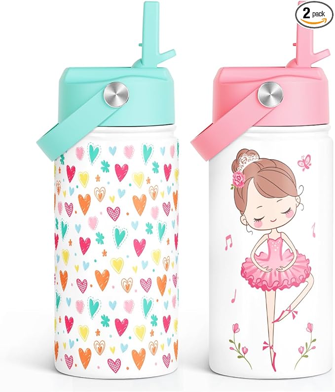 Kid Water Bottle 12oz with Straw Lid - 2-Pack Insulated Stainless Steel Water Bottles for Kids Girls - Travel Cup for Back to School Sports Christmas Birthday (Ballerina & Heart)