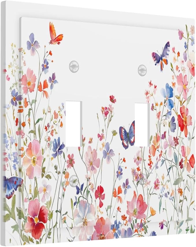 Colorful Flower Watercolor Floral Butterfly Bird Decorative Switch Plates 2 Gang Double Toggle Outlet Light Switch Cover Wall Plate Electrical Faceplate for Bedroom Living Room Decor