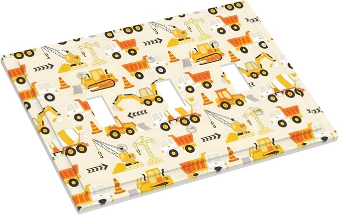Decorative Light Switch Cover Plate Construction Vehicle Yellow Trucks Diggers 3 Gang Wall Plates for Electrical Triple Toggle Switch Plate Covers Outlet Covers Faceplate for Home Decor