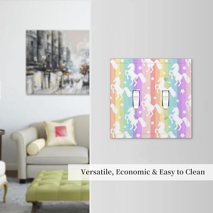 Funny Watercolor Kids Girl Bedroom Cute Colorful Rainbow Stripe Unicorn Purple Pink 2 Gang Electrical Double Toggle Outlet Light Switch Wall Plate Decorative Receptacle Face Switchplate Cover Mid Size