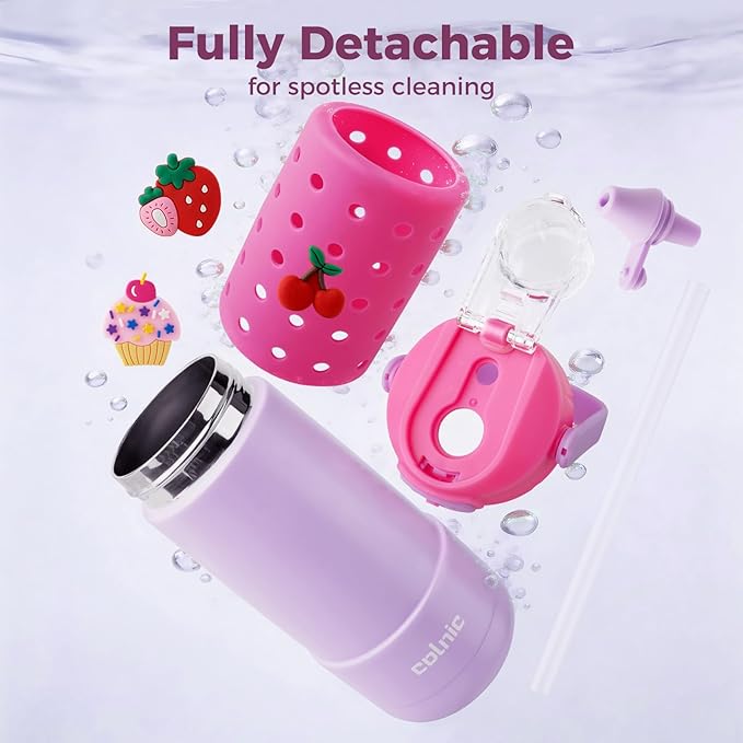 Kids Water Bottle for School 12 oz,Kids Vacuum Insulated Stainless Steel Water Bottles,Toddler Boy Water Bottle for School with Leak Proof Locking Lid(Jelly Pink)