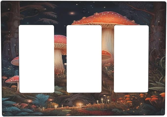 Decorative Art Light Switch Covers Enchanted Mushroom Forest 3 Gang Triple Rocker Outlet Switch plate GFCI Faceplate GFCI for Home Decor