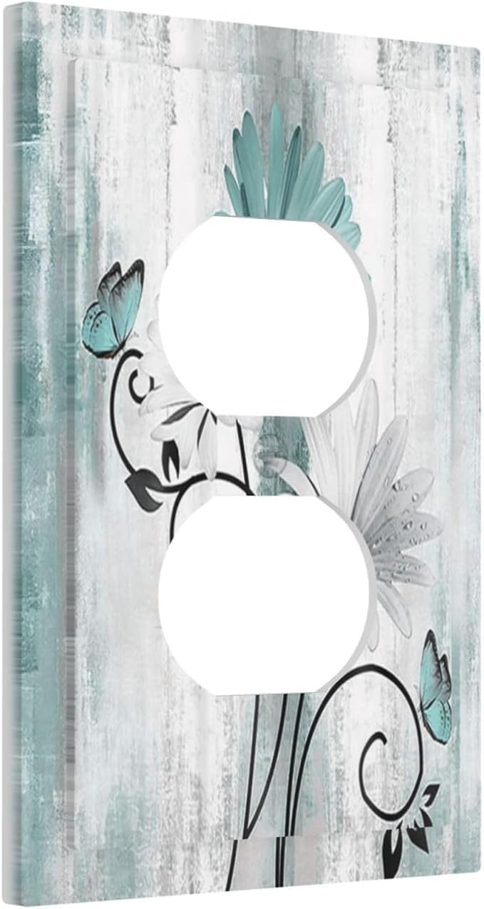Teal Daisy Vintage Flower Butterfly Rustic Wood Print Outlet Covers 1 Gang Duplex Light Switch Cover Decorative Switch Plates Electrical Receptacle Faceplate Wall Plate for Farmhouse Home Decor