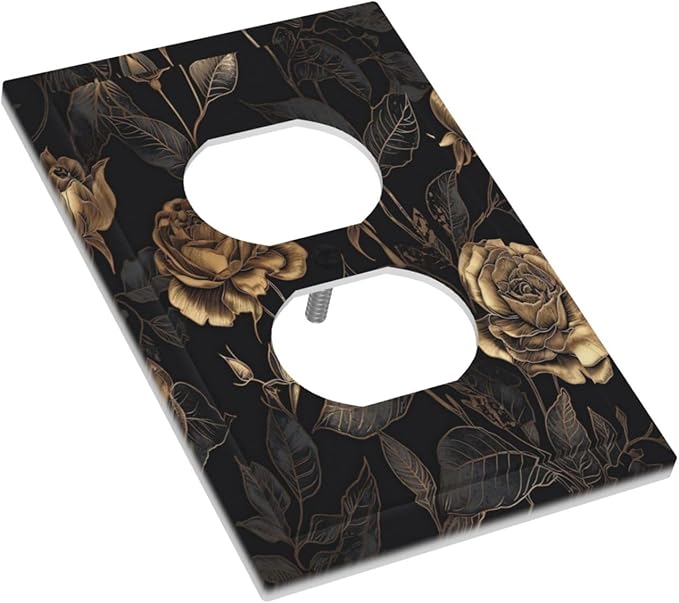 Black Floral Dark Vintage Gold Rose Flower Outlet Covers 1 Gang Duplex Light Switch Cover Decorative Switch Plates Electrical Receptacle Faceplate Wall Plate for Bedroom Living Room Decor